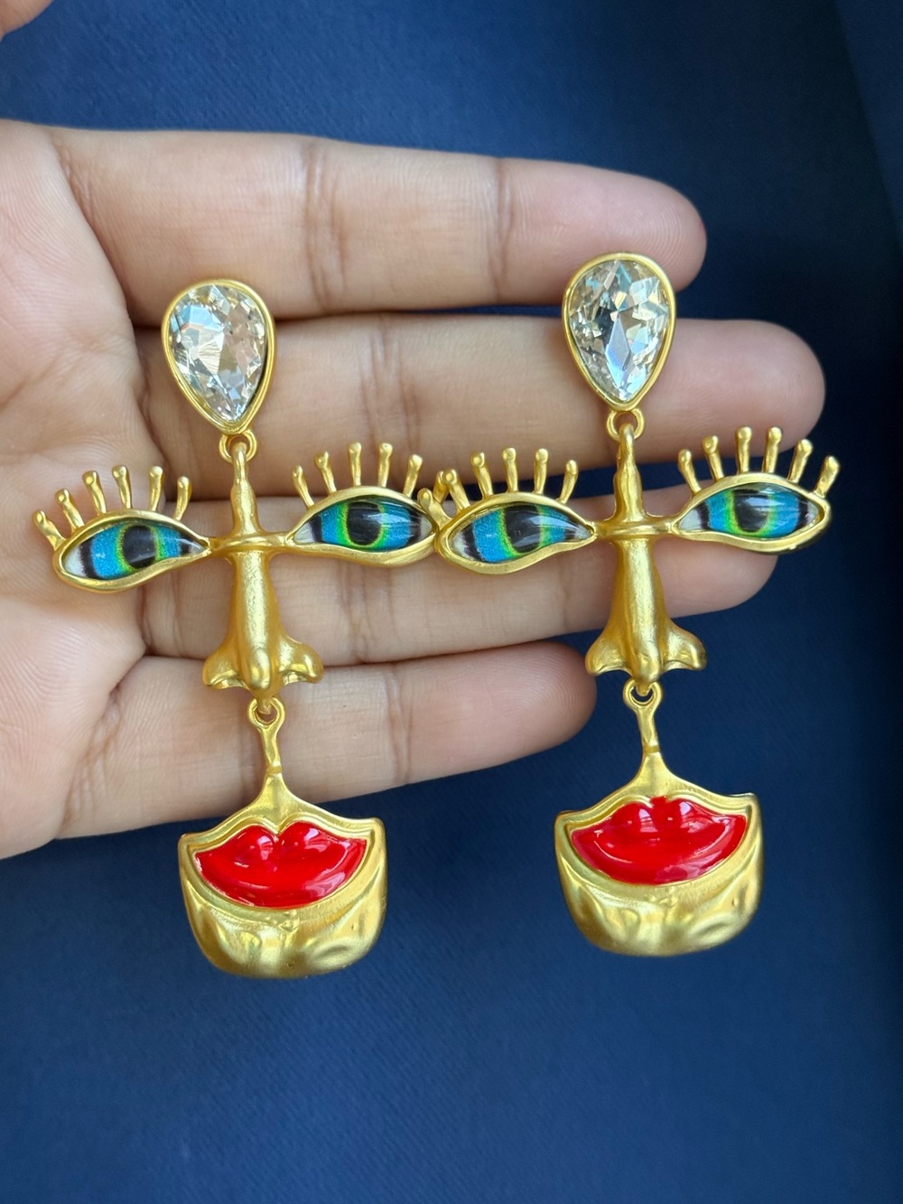 Schiaparelli Inspired Gold Surrealist Eye & Red Lip Drop Earrings